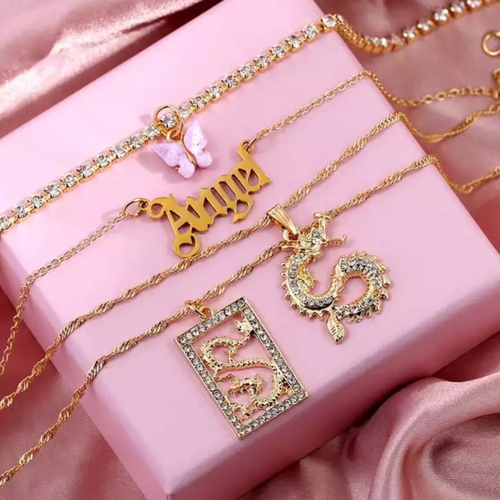 New Multi Layer Butterfly Dragon Charms Necklaces Golden Angel Letter